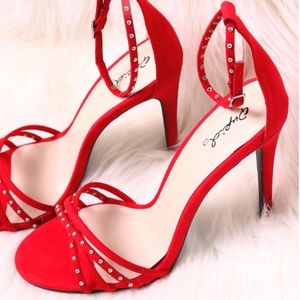 Qupid Shoes - Bright Red Studded Strappy Open Toe Heel Qupid Shoes - Bright Red Studded Strappy Open Toe Heel